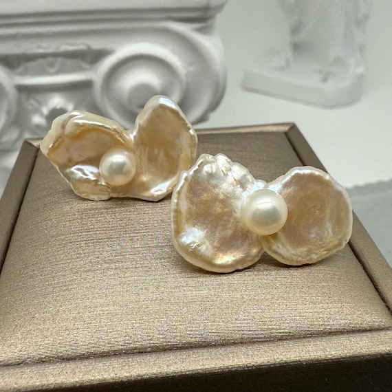 25x15mm Large Genuine Natural Non-Nucleus Keshi Pearl Bow Tie Earrings Sterling Silver Posts Stamp S925 6mm Pearl