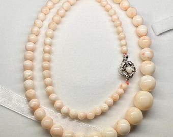 20” Length Non-Treat Large Genuine Natural Angel Skin Coral 12.8mm-5mm Bead Gradual Necklace Marble Pink Blush Gift For Her Vintage