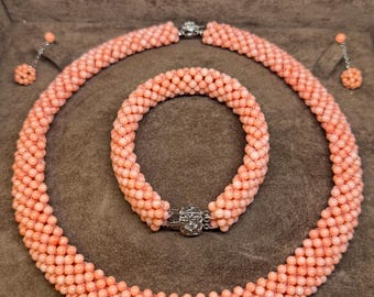 Vinatge 4-4.5mm Pink Coral Bead Hand Woven Necklace Bracelet Dangle Earrings Set Ornate Push Clasp Excellent Condition Set Gift for Her