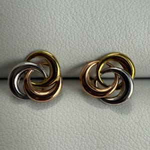 Vintage Three Tone 14K Yellow White Rose Gold Stud Earrings Dainty Trinity Stamped 585 Both Posts High Gloss Finish Lightweight Like New