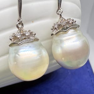 Large 13-14mm Genuine Saltwater South Sea Silvery White Baroque Pearl Dangled Earrings Sterling Silver S925 Birthstone Gift for Her Healing