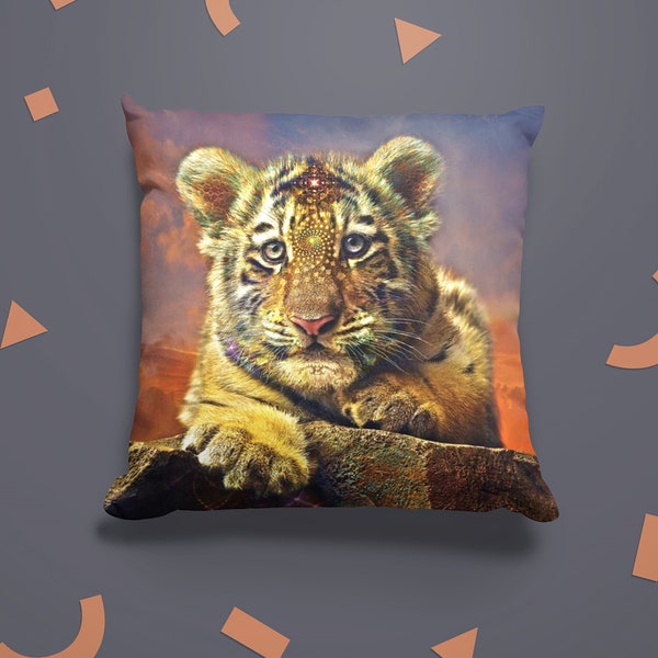 Spun Polyester Square Pillow, Cute Magical Mystical Tiger Animal Spirit Guide, Creative Decorative Artistic Inspiration Cushion and Cover,