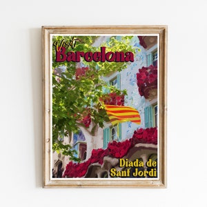Printable Barcelona Spain Travel Poster, Diada de Sant Jordi Poster, Visit Spain Travel Print, Barcelona Wall Art, DIGITAL DOWNLOAD