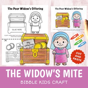 Puede incluir: Un kit de manualidades para niños titulado "The Widow's Mite" con ilustraciones de una viuda, un cofre del tesoro y monedas. El kit incluye instrucciones para cortar y pegar, y el texto "My Offering to God".