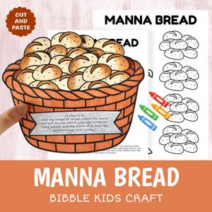 Puede incluir: Ilustración de una cesta de pan con el texto "MANNA BREAD" y "CUT AND PASTE". Incluye una página para colorear con ilustraciones de pan y crayones. Una manualidad bíblica para niños.