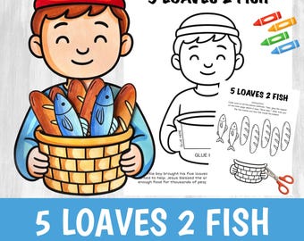 5 loaves 2 Fish Craft Printable | Bible Story Activity for Kids | Sunday School | Jesus Feeds 5000 Cut Glue Worksheet