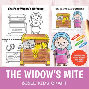 Op de afbeelding: Een printbare bijbelknutselset getiteld The Poor Widow's Offering met zwart-wit lijntekeningen en gekleurde illustraties van een schatkist, gouden munten en een weduwe met een wandelstok, inclusief tekstlabels en instructies.