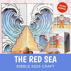 May include: A folded paper craft titled "The Red Sea" with a blue and white wave design. The craft features a cartoon illustration of a man with a staff and a group of people. The words "Folding Surprise" are in a red circle.