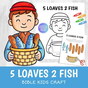 Può includere: Un'attività manuale stampabile intitolata 5 Loaves 2 Fish con un'illustrazione a cartone animato di una persona che tiene un cesto pieno di pane e pesci. Il set include versioni a colori e in bianco e nero con istruzioni per ritagliare e incollare.