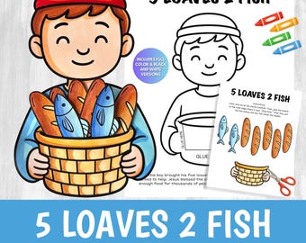 5 loaves 2 Fish Craft Printable | Bible Story Activity for Kids | Sunday School | Jesus Feeds 5000 Cut Glue Worksheet
