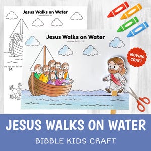 May include: A children's craft kit with the text "Jesus Walks on Water" and "Bible Kids Craft." The image shows a boat with people, Jesus walking on water, and crayons. Includes a pair of scissors and a "Moving Craft" sticker.