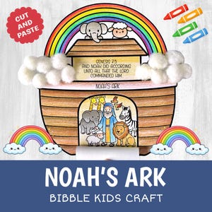 May include: A colorful Noah's Ark craft with a rainbow, animals, and text. The ark is brown with a rainbow overhead. The text reads "Genesis 7:5" and "Noah's Ark". Includes crayons and the words "Cut and Paste".
