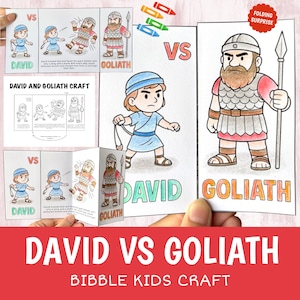May include: A colorful, illustrated craft kit titled "David vs Goliath." The kit features cartoon depictions of David and Goliath, with the text "David" and "Goliath" in green and orange. The words "Folding Surprise" are also visible.