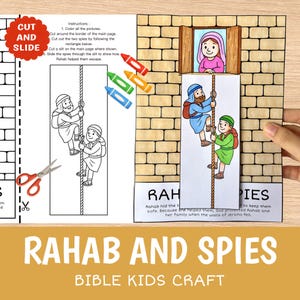 May include: A paper craft activity titled Rahab and Spies featuring a brick wall illustration with a window and a sliding cutout of two spies on a rope. The page includes instructions, a red starburst label, four crayons, and scissors.