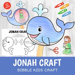 Può includere: Un lavoretto a forma di balena blu con un volto sorridente, un ritaglio di carta di Giona che prega e il testo "Jonah Craft Bible Kids Craft". Include pastelli e forbici.