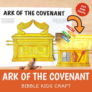 May include: A craft project featuring a golden Ark of the Covenant design, with the text "ARK OF THE COVENANT" and "BIBBLE KIDS CRAFT". Includes a cut-and-paste element and crayons.