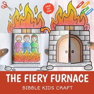 May include: A children's craft kit titled "The Fiery Furnace" with a pop-up design. The illustration shows three figures in a furnace with flames, and the text "COLOR CUT PASTE". Crayons and scissors are also visible.