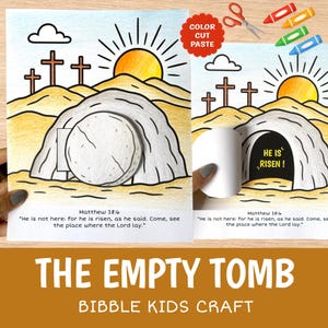 Puede incluir: Un kit de manualidades para niños que presenta un dibujo del sepulcro vacío con una gran piedra y tres cruces en una colina. El texto "HE IS RISEN!" es visible dentro de la tumba. El kit incluye el texto "THE EMPTY TOMB" y "BIBBLE KIDS CRAFT".