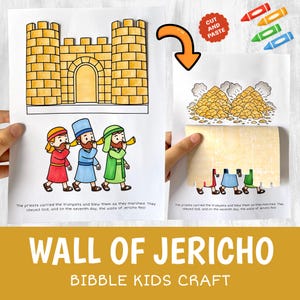 Könnte beinhalten: Ein Bastelprojekt für Kinder mit der Darstellung der Mauern von Jericho. Die Illustration zeigt die Mauer, drei Priester, die Trompeten blasen, und den Text "WALL OF JERICHO BIBBLE KIDS CRAFT". Das Bild enthält den Text "CUT AND PASTE".