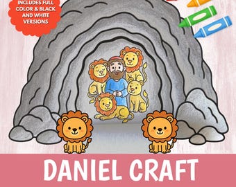 May include: A printable craft sheet featuring a cartoon illustration of a person inside a cave with five lions. The text reads INCLUDES FULL COLOR & BLACK AND WHITE VERSIONS, DANIEL CRAFT, and BIBLE KIDS CRAFT. Four colored crayons are at the top.