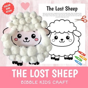 Può includere: Un kit per l'artigianato con una soffice pecora bianca e un contorno di pecora in bianco e nero. Il testo "The Lost Sheep" e "Bible Kids Craft" sono su uno sfondo rosa. Include pastelli e forbici. La pecora ha una faccia sorridente.