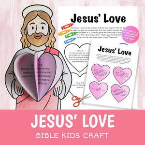 May include: A printable paper craft kit titled Jesus' Love featuring a line drawing of Jesus holding a heart-shaped booklet. The kit includes instructions, four heart-shaped pages with Bible verses, and a pair of orange scissors for assembly.