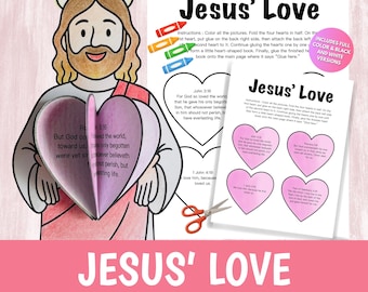 Può includere: Un kit di bricolage in carta intitolato Jesus' Love con un disegno al tratto di Gesù che tiene in mano un libretto a forma di cuore. Il kit include istruzioni, quattro pagine a forma di cuore con versetti biblici e forbici arancioni.