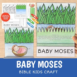 May include: A paper craft project depicting Baby Moses in a basket among bulrushes. The set includes printed templates with green grass, blue water, and a sleeping infant. Text on the craft reads Baby Moses and includes the Bible verse Exodus 2:3.