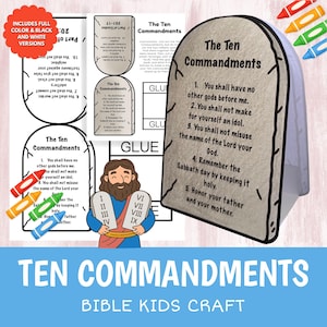Puede incluir: Un set de manualidades imprimible sobre los Diez Mandamientos que incluye una plantilla de tabla de piedra con texto en negro, una ilustración de un personaje sosteniendo tablas e instrucciones de montaje, con versiones a color y en blanco y negro.