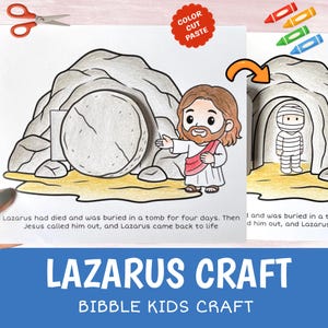 Puede incluir: Una manualidad para colorear que presenta una ilustración de dibujos animados de Jesús frente a una tumba. La imagen incluye el texto "LAZARUS CRAFT" y "BIBBLE KIDS CRAFT". También incluye el texto "COLOR CUT PASTE".