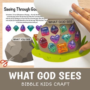May include: A craft activity for children titled "What God Sees." The image shows a rock with colorful gem stickers labeled with positive attributes like "Kindness" and "Love." The text includes instructions and the phrase "Bible Kids Craft."