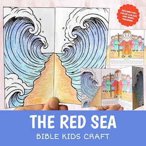 May include: A paper craft depicting the parting of the Red Sea with large blue waves on either side of a sandy path. One panel shows a figure with a staff leading a group of people. The text includes "INCLUDES FULL COLOR & BLACK AND WHITE VERSIONS".