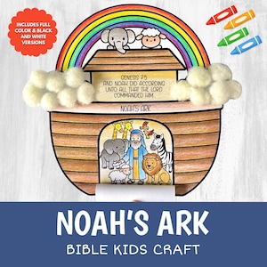 May include: A paper Noah's Ark craft featuring a rainbow, white cotton ball clouds, and a central illustration of Noah with animals. The text reads: Genesis 7:5 and Noah did according unto all that the Lord commanded him. Includes four colored crayons.