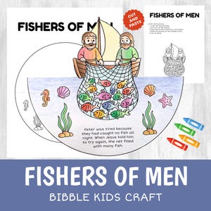 May include: A children's craft illustration titled "Fishers of Men." The image shows a boat with two figures hauling a net full of fish. The craft includes a cut-and-paste element, sea creatures, and crayons for coloring.