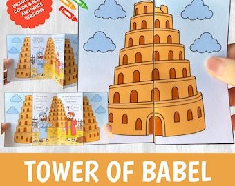 Tower of Babel Craft Printable | Bible Story Activity for Kids | Sunday School Cut Glue Worksheet