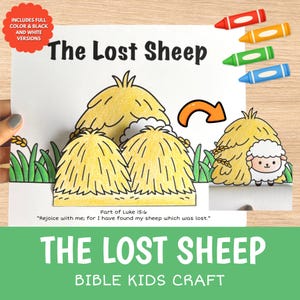 以下が含まれることがあります： 黄色い干し草の山と白い羊が描かれたThe Lost Sheepというタイトルのペーパークラフト。ページにはPart of Luke 15:6 Rejoice with me; for I have found my sheep which was lostというテキストが含まれています。赤、オレンジ、緑、青の4本のクレヨンが見えます。