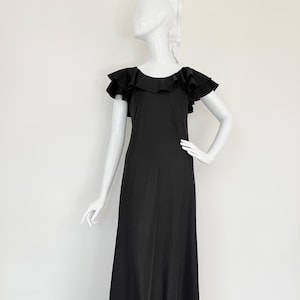 1970&#39;s Black Frilled Neck and Flounce Maxi Dress