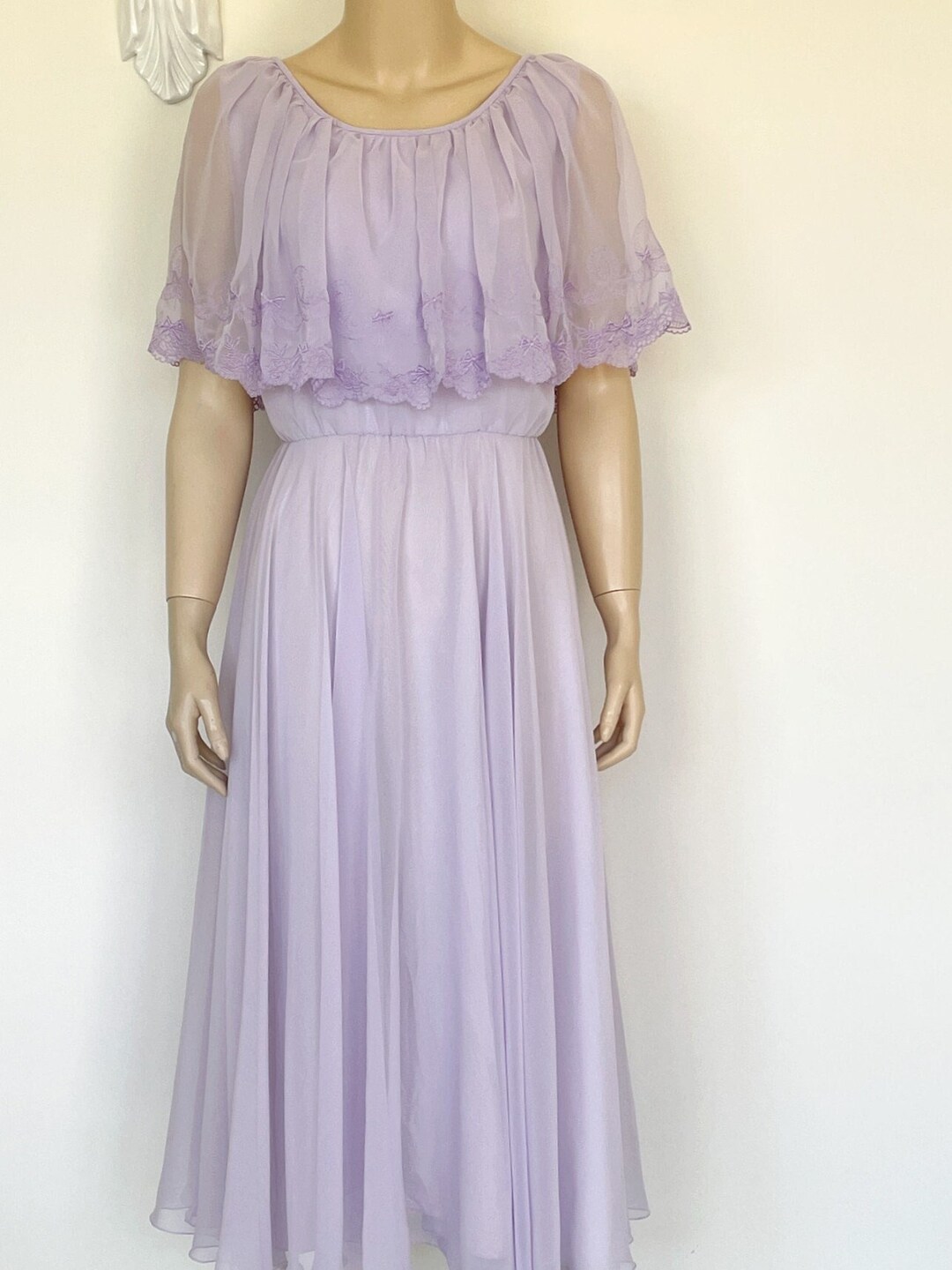1970's Chiffon Flounced Neck Dress - Etsy