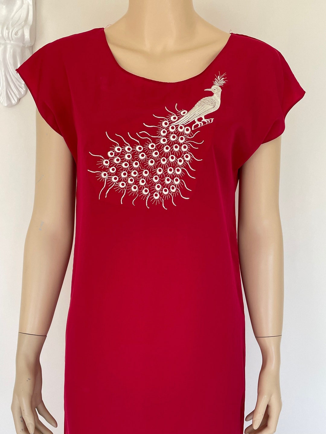 red elegant midi dress Buy-Ivory Peacock Embroidered Ethnic Dress-Ethnic Dress for Girls - Off  White main image 1