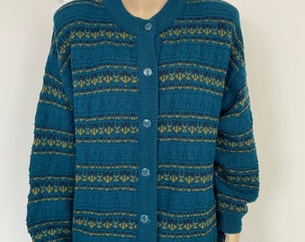 1980's Green Patterned Wool Blend Cardigan