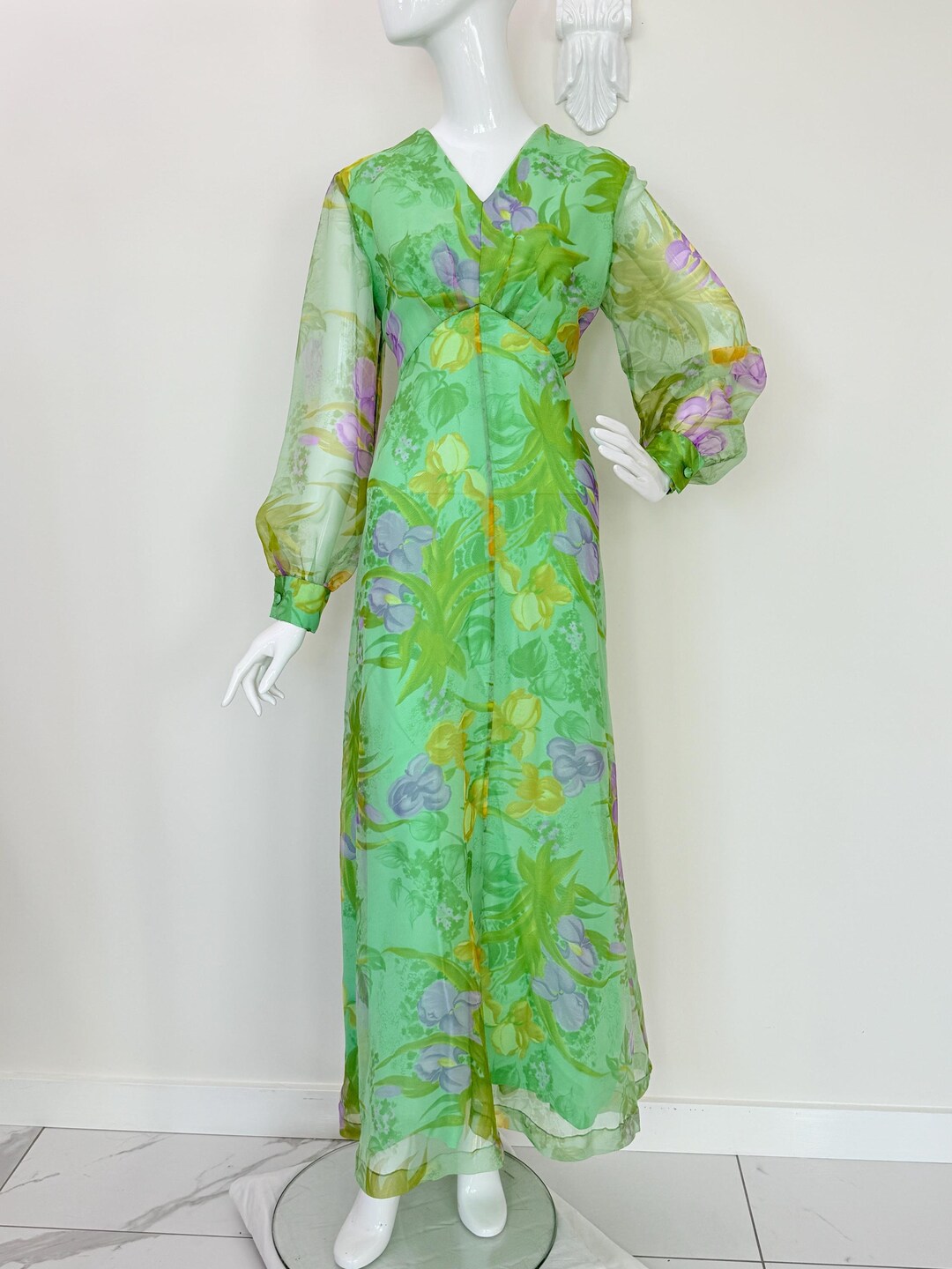 1970's Green Floral Chiffon Bridesmaid Dress - Etsy