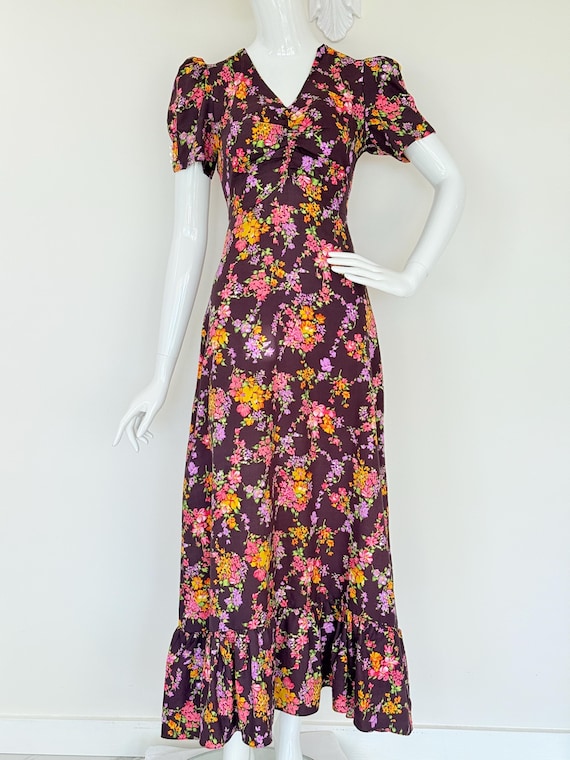 1970's Chocolate Brown Floral Maxi Dress - Etsy Canada
