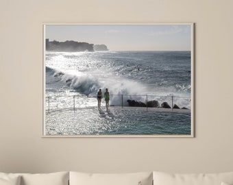 Ready to Plunge Bronte Baths Poster, ocean baths nature waves photography, beach home decor morning fitness horizontal wall art, inspiration