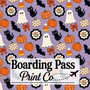 Halloween Coquette Seamless Pattern | Girly Scalloped Cottagecore Pumpkin Repeating File | Floral Bows Cat Bat Ghost Spooky Digital Design
