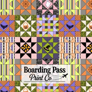 Può includere: Un tessuto patchwork con un motivo ripetitivo di Halloween che include fantasmi, pipistrelli, cappelli da strega, zucche e caramelle. Il design presenta strisce zebrate, macchie di leopardo e righe in arancione, viola, verde lime e nero. Il testo recita Boarding Pass Print Co.