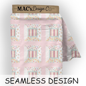 May include: A roll of fabric with a repeating pattern of squares. Each square features a striped design in pastel colors, surrounded by floral and star motifs on a pink background. The text "SEAMLESS DESIGN" is at the bottom.