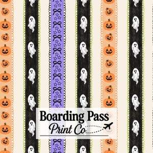 May include: A repeating pattern of vertical stripes featuring orange jack-o'-lanterns, white ghosts on black backgrounds, and a central lavender strip with black bows and stars. The text Boarding Pass Print Co. is centred over the design.