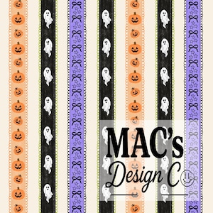 Halloween Girly Seamless Pattern For Fabric Printing | Spooky Witch Ghost Repeating File | Scalloped Stripes Jack O Lantern Digital Design