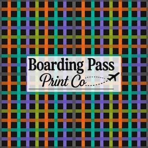 May include: A repeating plaid pattern featuring intersecting horizontal and vertical lines in orange, teal, lime green, and purple against a black background. A white rectangular overlay displays the black text Boarding Pass Print Co.