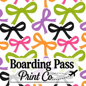 May include: A repeating pattern of hand-drawn bows in lime green, purple, black, orange, and hot pink on a white background. Overlaid in the center is the black text Boarding Pass Print Co with a small airplane icon and a dashed flight path.